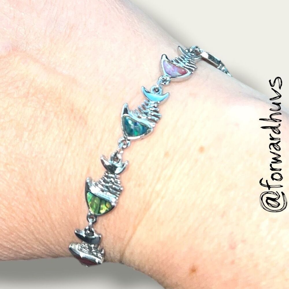 Bundle Sale 3 for $15 | Adorable Silver Tone Fish Bone Bracelet | Faux Abalone